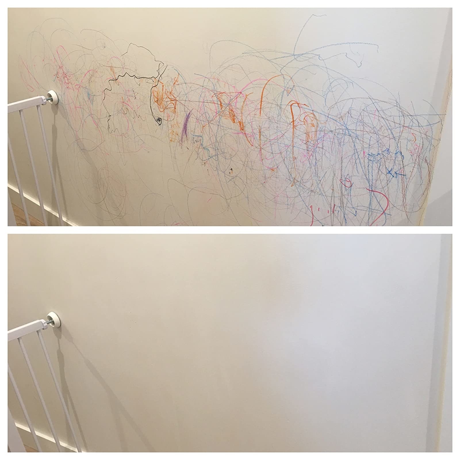 reviewer photo of a wall with crayon marks on it and a photo of the same wall with no marks after using the product