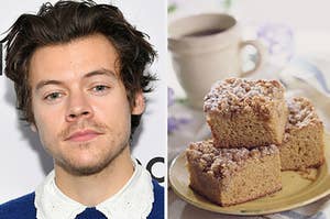 Harry Styles is on the left with three pieces of coffee cake on the right