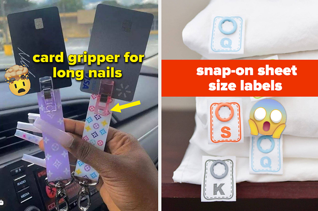 L: hand holding two long sticks that clip to credit cards so people with long nails can remove their cards from ATMs R: snap-on bed sheet size labels
