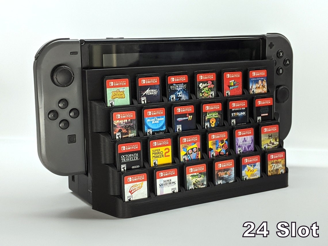 four shelves of games on switch dock