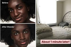 on left before and after of model not wearing setting powder on top and wearing setting powder on bottom, on right a made bed with text "about 1 minute later" 