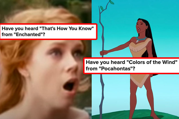 Giselle from Enchanted and Pocahontas next to questions asking if you've seen "That's How You Know" and "Colors of the Wind"