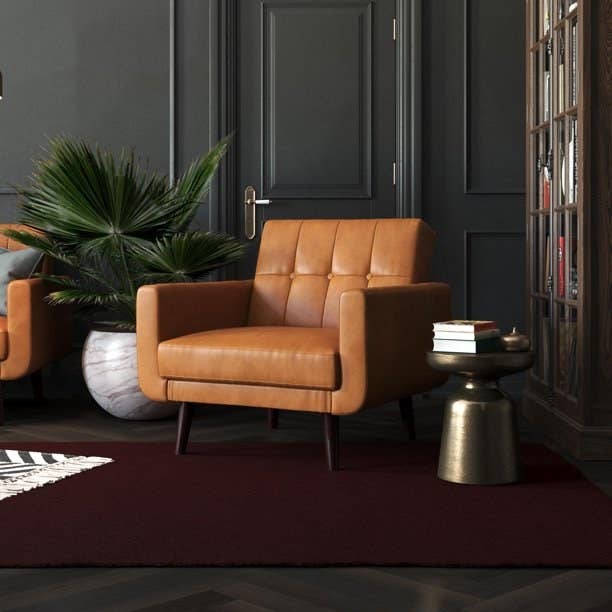 camel colored faux leather armchair