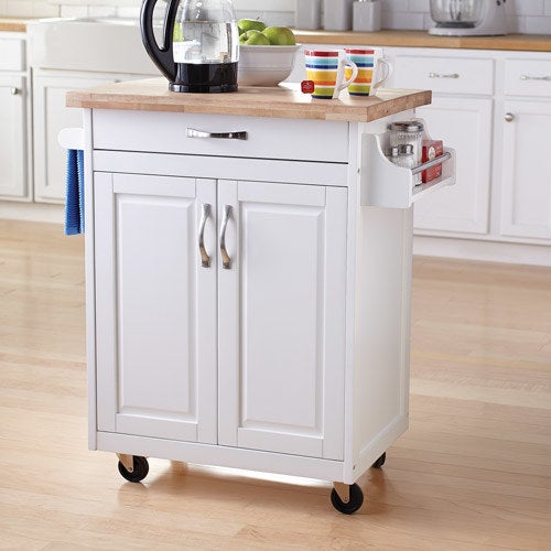 white kitchen island cart with wood top and wheels