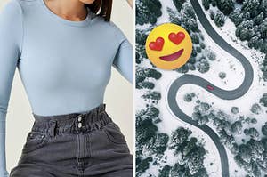 A woman is on the left wearing long sleeves with a winter road on the right