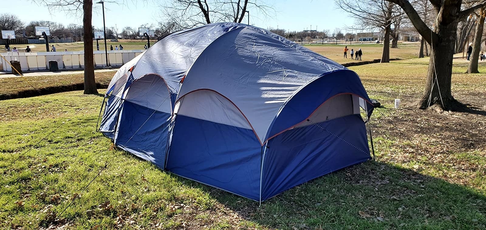 a reviewer&#x27;s photo of the oblong blue tent