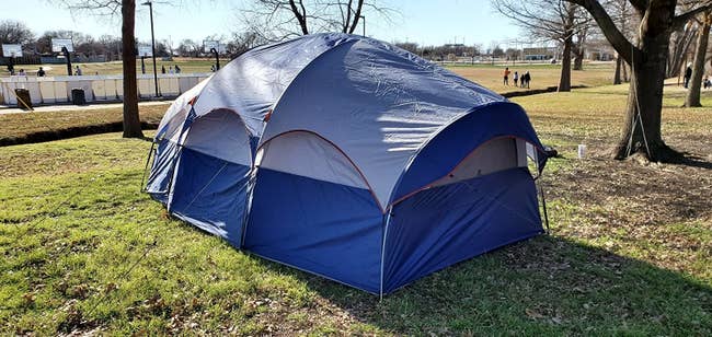 a reviewer's photo of the oblong blue tent