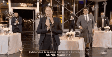Annie Murphy accepting her awards for Outstanding Supporting Actress in a Comedy Series at the 2020 EMMYS