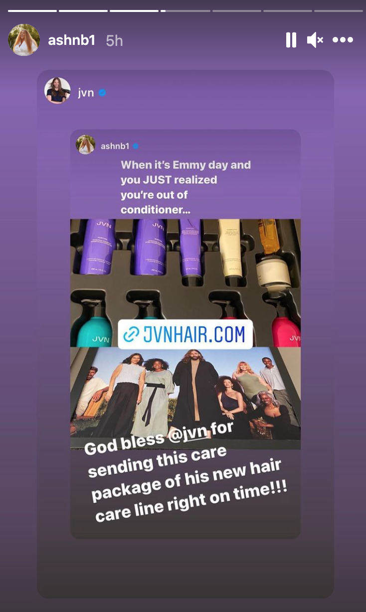 Ashely Nicole Black shows off a haircare PR package from Jonathan Van Ness