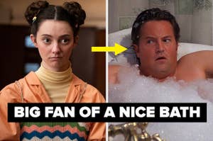 A still of Lily from Sex Education and a still of Chandler Bing in the bath caption reads big fan of a bath