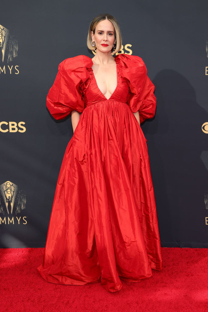 Sarah Paulson on the redt carpet in a puffy red gown