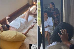 Kaley Cucuco lays on a mat drinking wine and Renee Elise Goldsberry sits in front a mirror getting her hair done