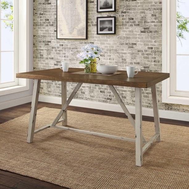 wood dining table with white metal base