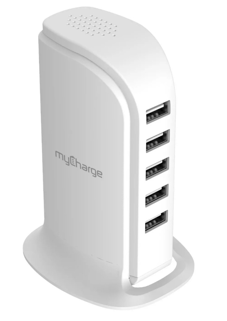 A white, 5-port charging station