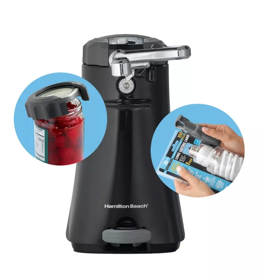 A black, electric can opener next to images of the can opener being used on a bottle of cherries and the package opener being used to open a package for a lightbulb