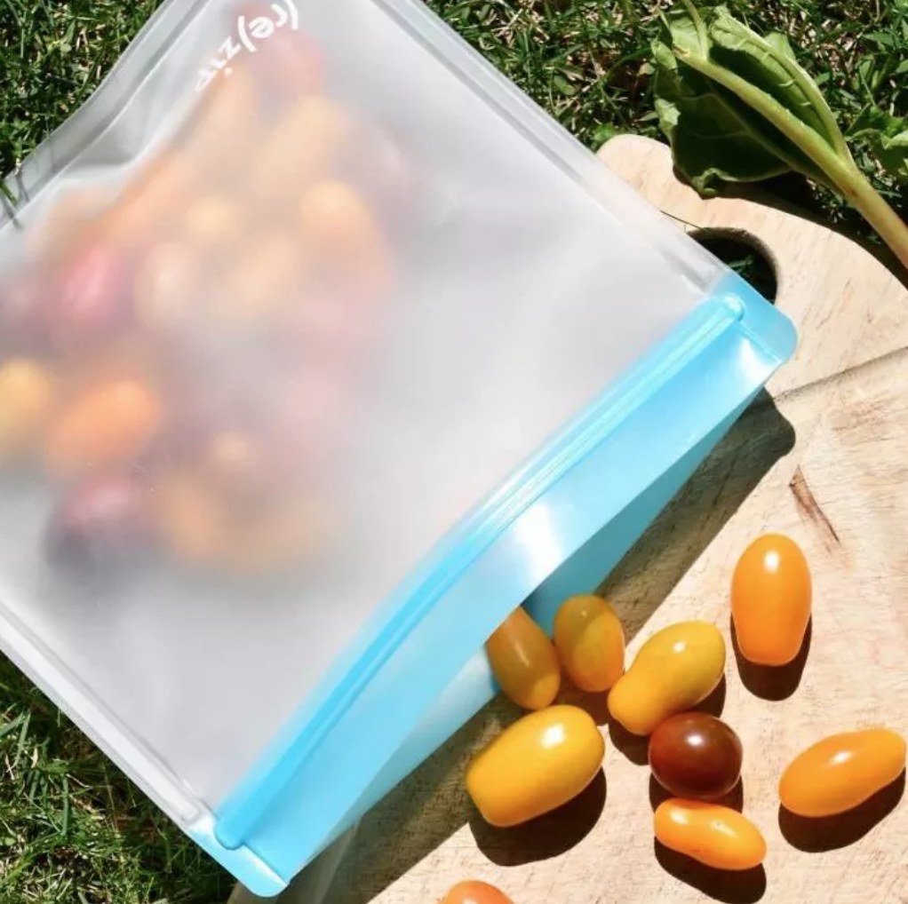 A clear/aqua, reusable snack pack filled with cherry tomatoes