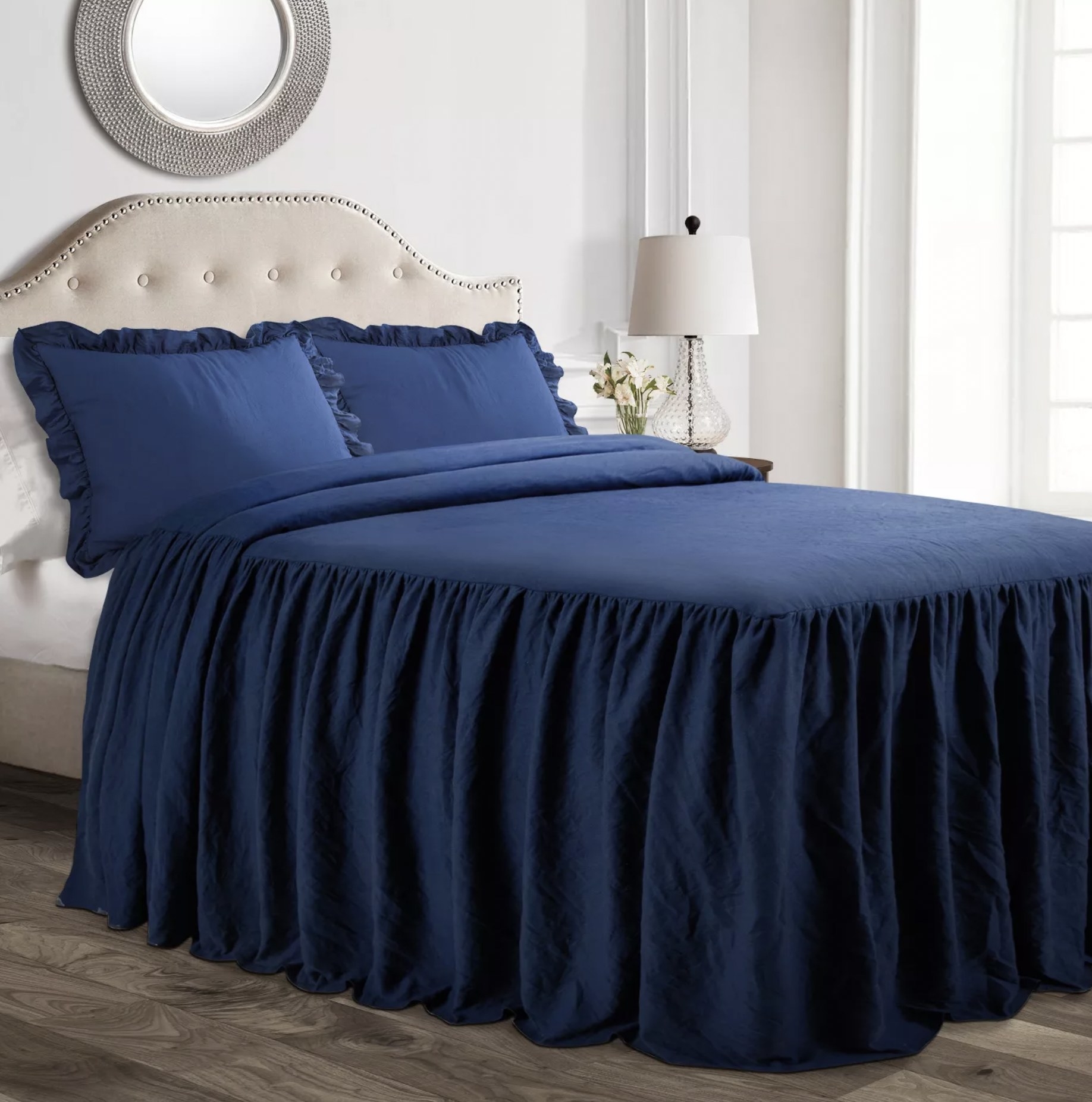 The navy blue ruffle bed skirt