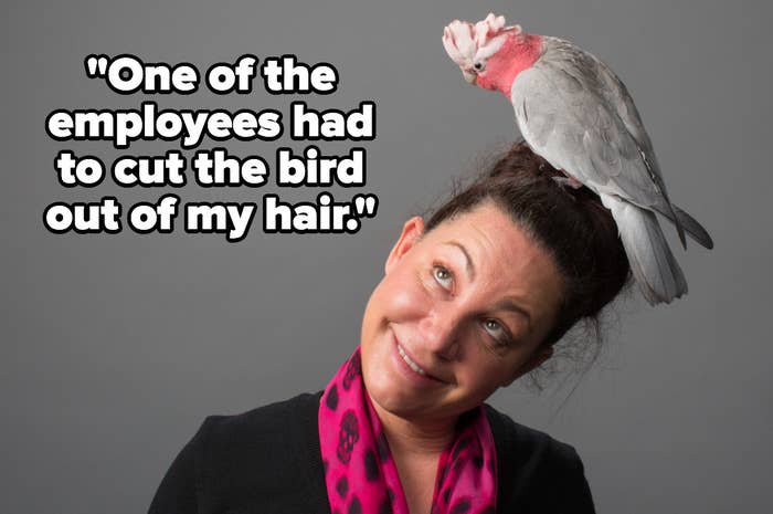 &quot;One of the employees had to cut the bird out of my hair&quot; over a woman with a parrot in her hair