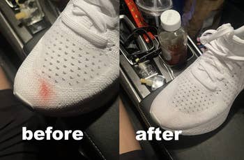 reviewer image before and after removing stain with pens off of sneaker