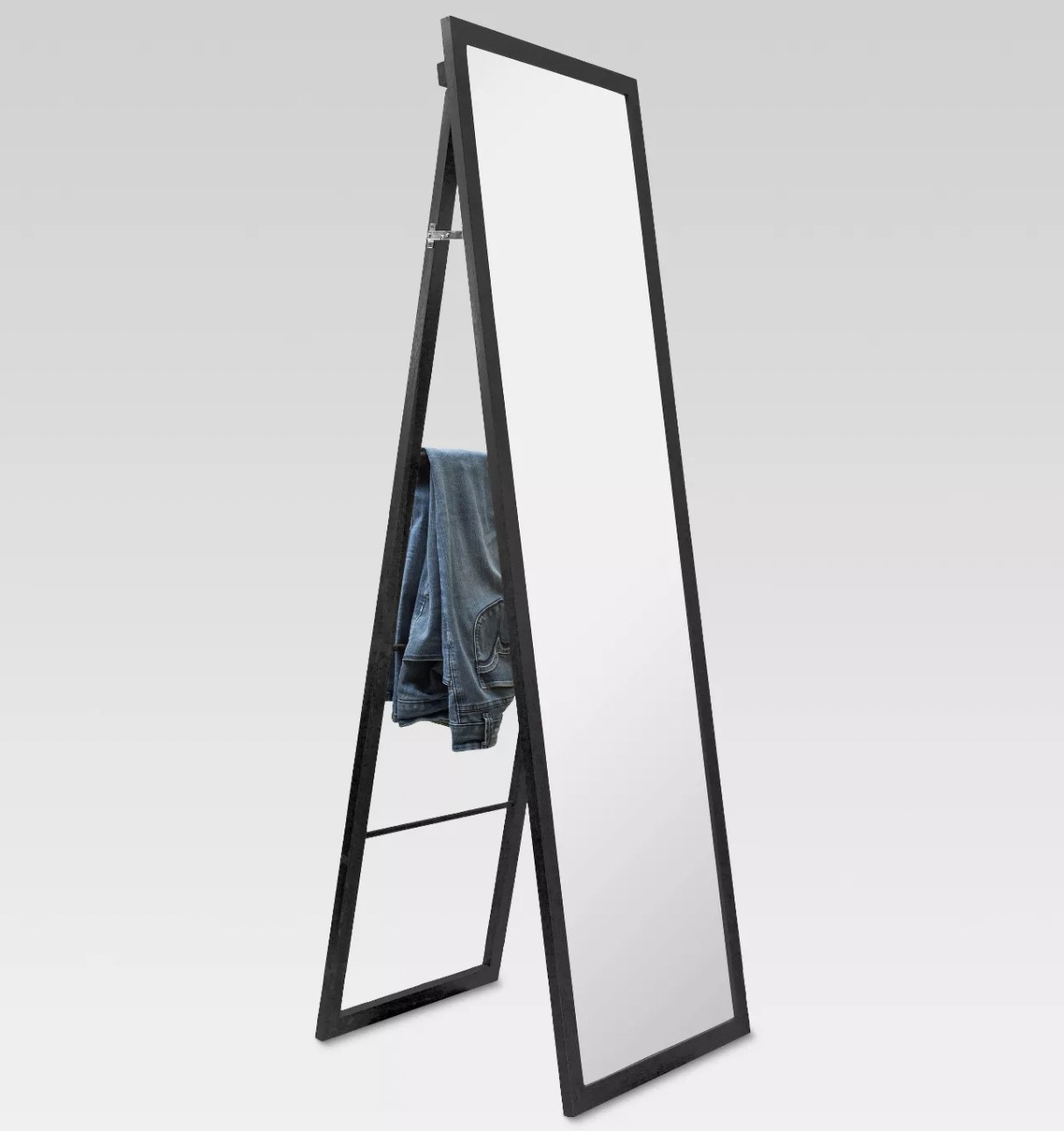 a black full-length mirror with a ladder attached to it