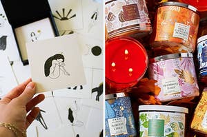 someone holding a meditation card; a pile of season Bath & Body Works candles