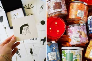 someone holding a meditation card; a pile of season Bath & Body Works candles