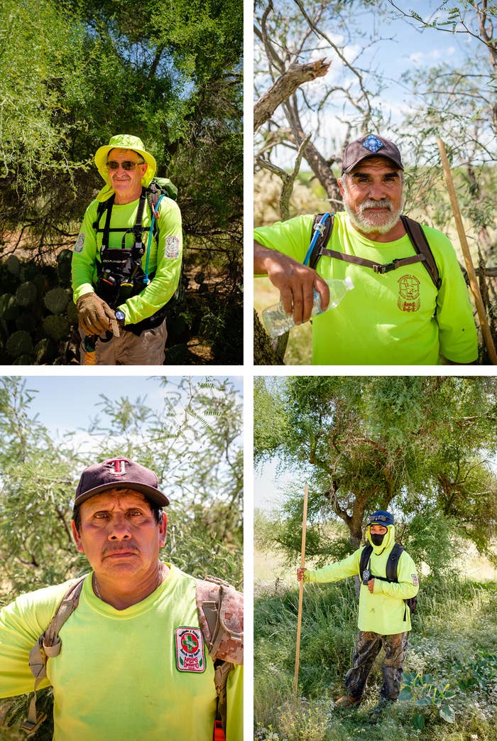 Four portraits show men wearing reflective uniforms standing in the desert