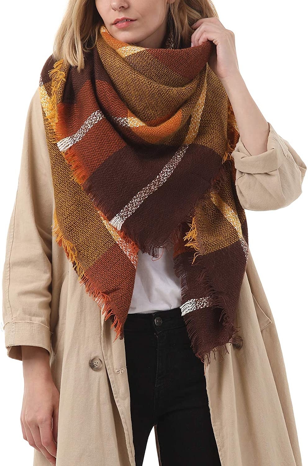 a model wearing the brown plaid oversized shawl