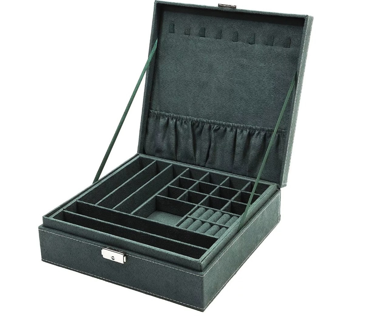A green velvet locking jewelry box