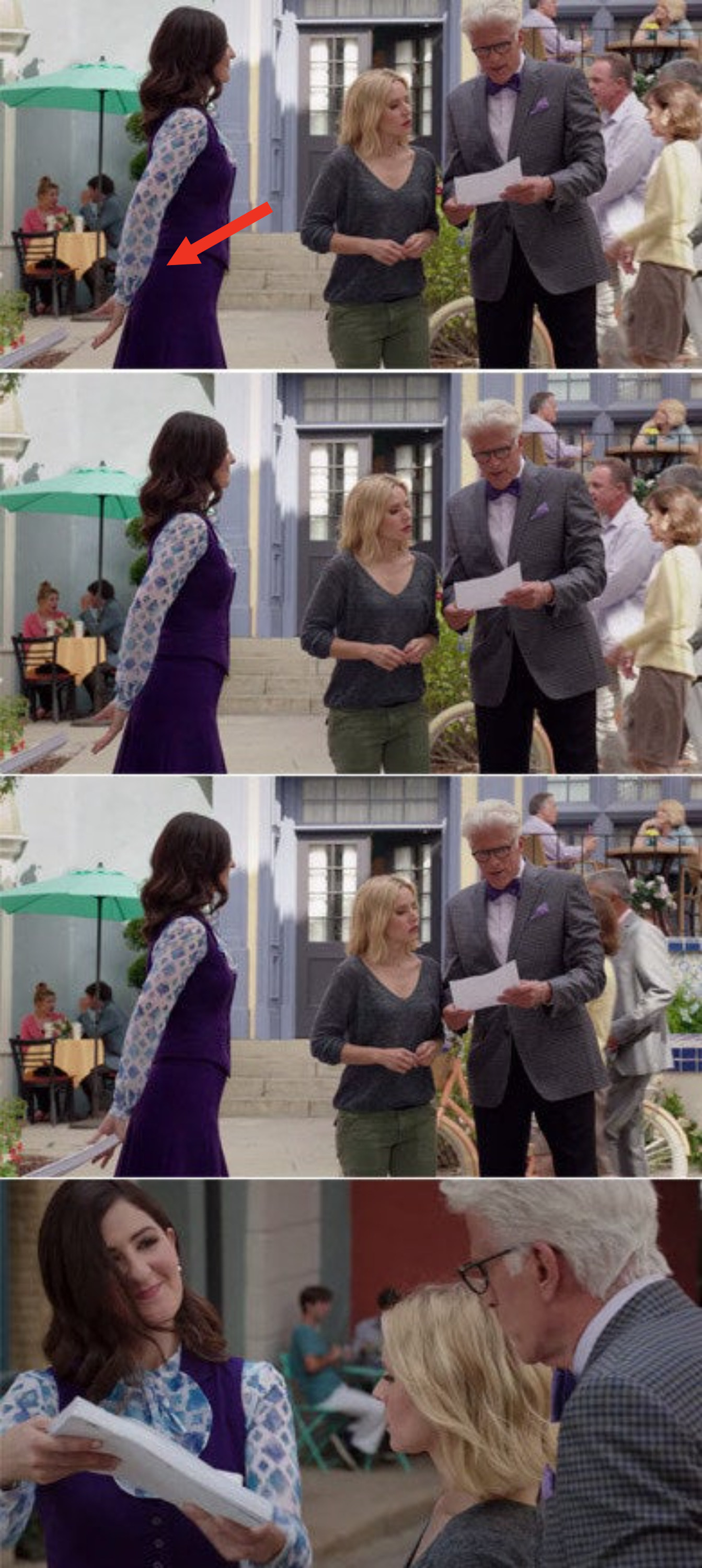 Janet being handed a stack of papers from the bottom of the screen and then handing them to Michael