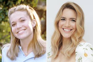 Mandy Moore in The Princess Diaries and Mandy Moore now with blonde hair