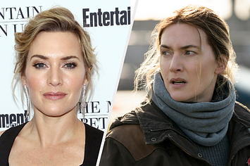 split image of kate winslet on the left is kate posing for a portrait while walking on the red carpet and on the right is kate winslet playing mere