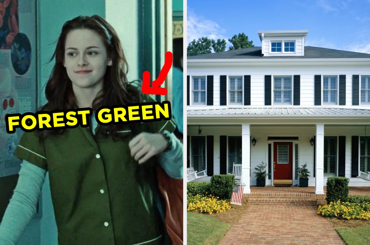 On the left, Bella from Twilight walking into class with an arrow pointing to her shirt and forest green typed on top of it, and on the right, a suburban home with a front porch with rocking chairs on it