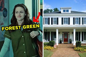 On the left, Bella from Twilight walking into class with an arrow pointing to her shirt and forest green typed on top of it, and on the right, a suburban home with a front porch with rocking chairs on it