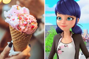 a pink ice cream cone on the left and marinette on the right