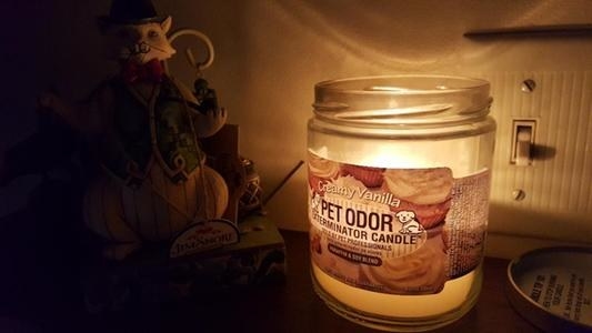 A reviewer&#x27;s photo of the candle lit up