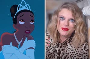 On the left, Tiana from The Princess and the Frog looking up at the sky sadly, and on the right, Taylor Swift with makeup running down her face in the Blank Space music video 