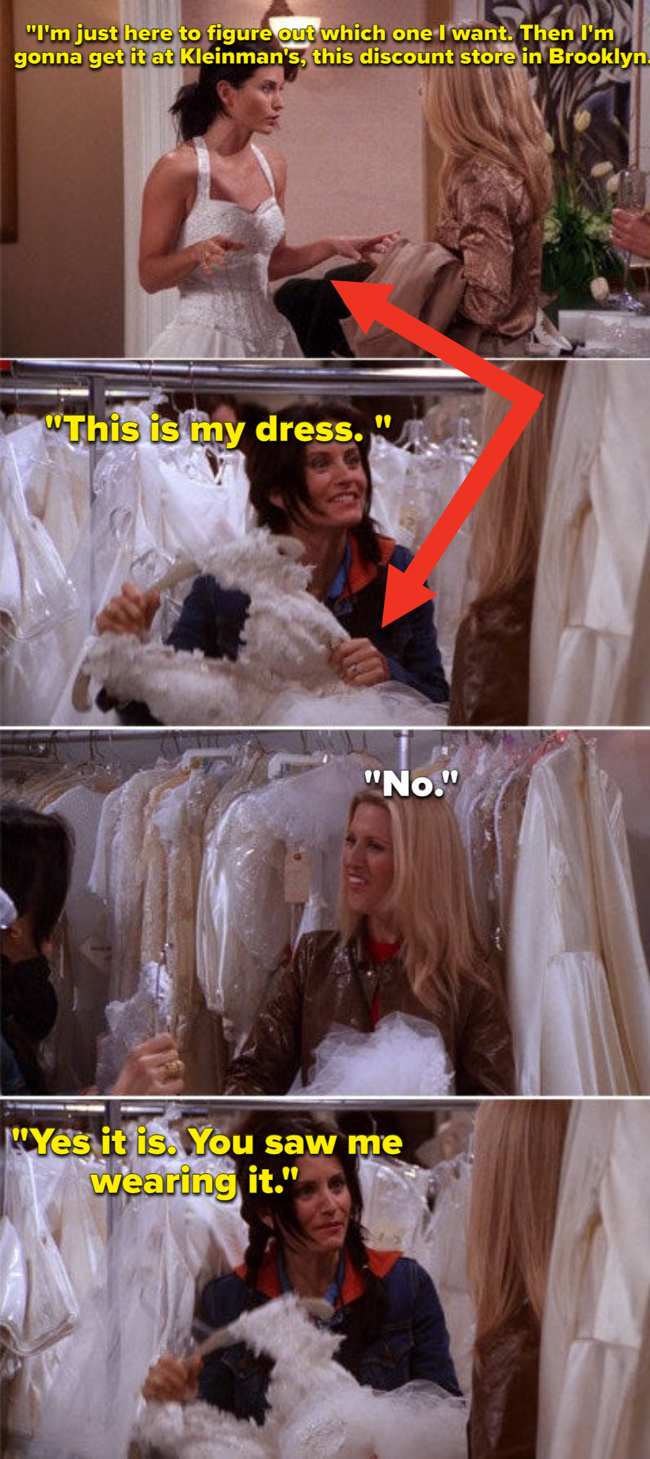 Monica choosing her wedding dress and then picking up a different one at the store and claiming it's the same one she tried on prior