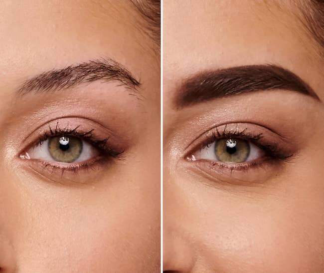 A model's sparse brow without the product / A model's fuller brow with the product