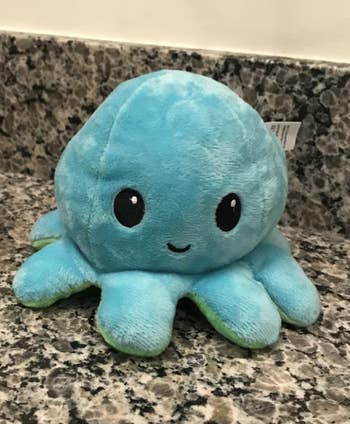 reviewer's smiling blue octopus plushie 