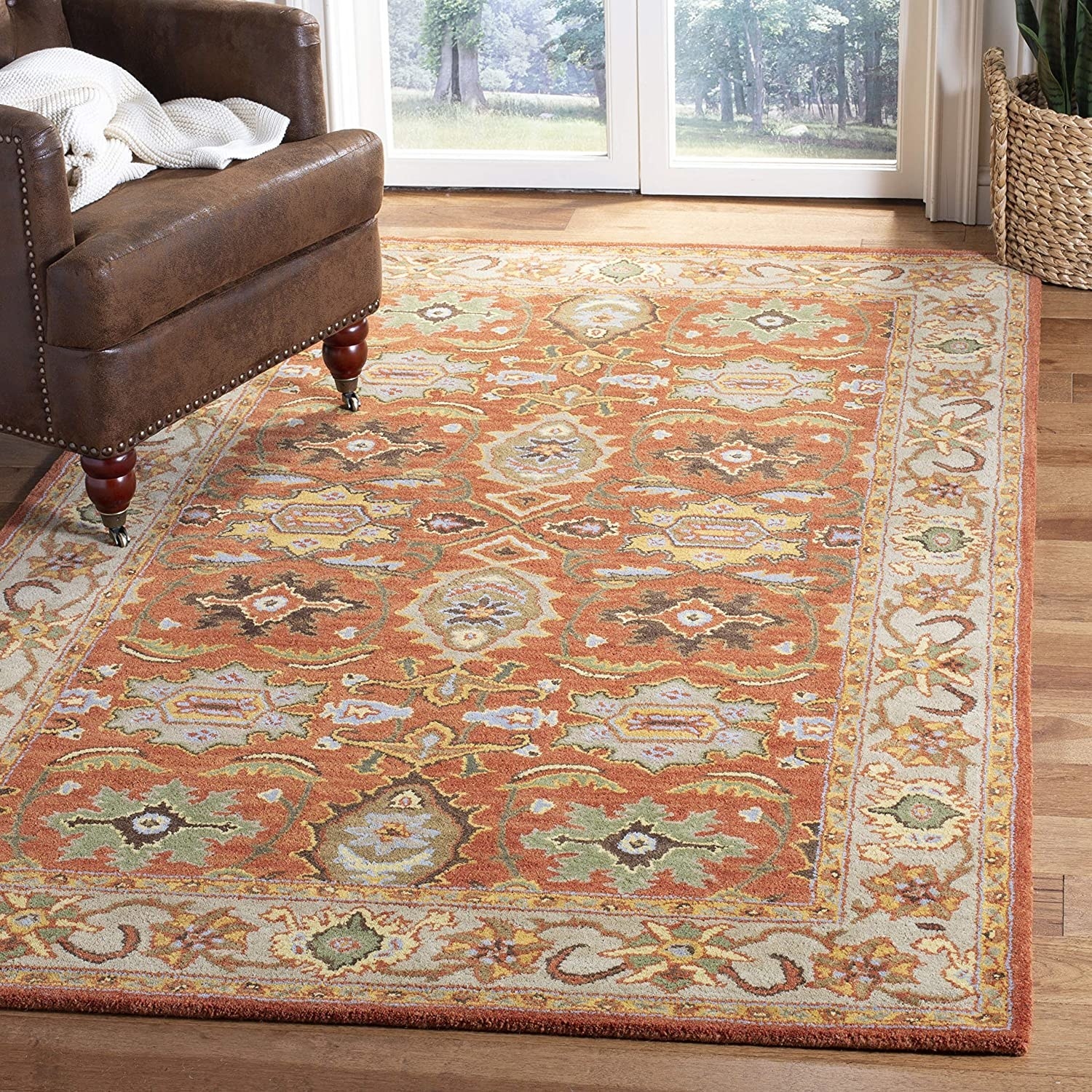 the rust and beige safavieh area rug in a sitting area