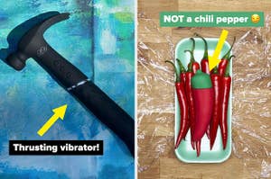Black hammer-shaped thrusting vibrator and red chili pepper vibrator on top of actual chilis