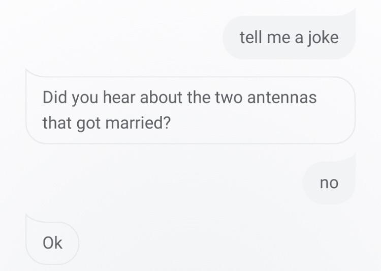 Person telling a joke about two antennas with no punchline