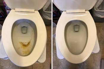 before and after pic of a crusted toilet and a clean one 