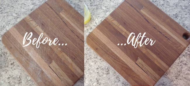 A before and after pic of a scuffed up cutting board with the scuffs gone