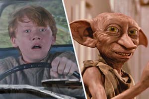 On the left, Ron Weasley opening his mouth wide in horror, and on the right, Dobby smiling