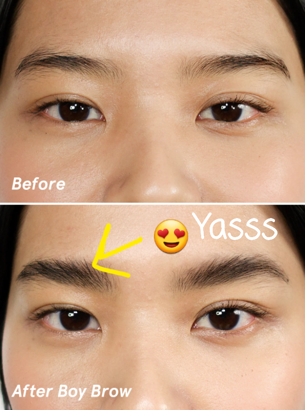 top image shows a person with thin eyebrows and bottom image shows the person with their eyebrows looking thicker but still natural