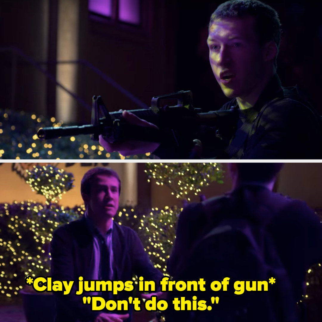 Clay jumps in front of Tyler&#x27;s gun and begs him not to shoot up the dance