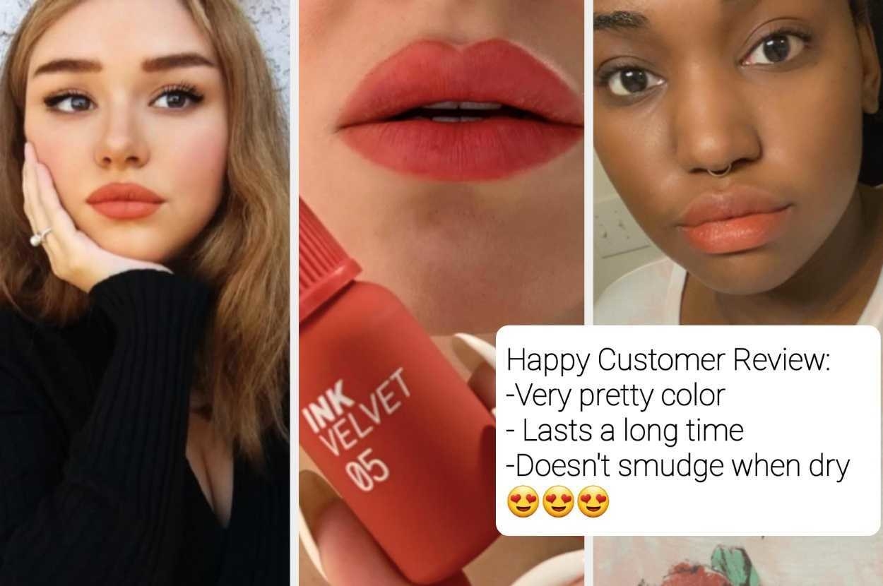 left image is a woman with a lighter complexion wearing a pink matte lipstick color, middle is another fair-skinned person wearing a different shade of pink and far right is a darker-skinned person wearing a pink lip tint
