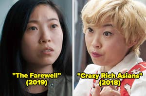 Awkwafina in "The Farewell" next to her in "Crazy Rich Asians"